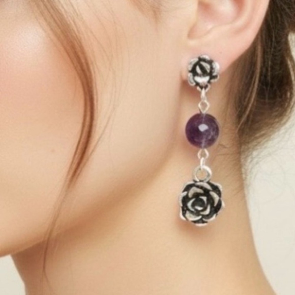 HAND CRAFTED Succulent Flowers Dangle EARRINGS Amethyst 1.5” Hypoallergenic NWT - Picture 3 of 7
